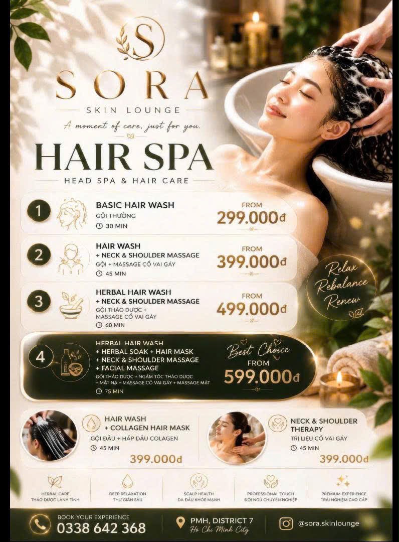 Sora Skin Lounge 洗頭與頭療價目表